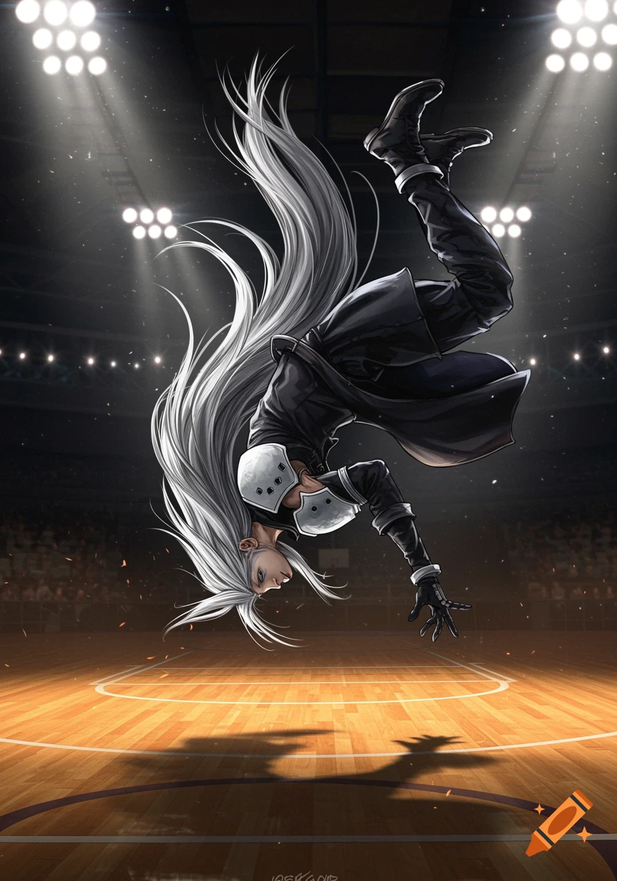 Sephiroth, a long white-haired character, performs a mid-air backflip over a basketball court under stadium lights.