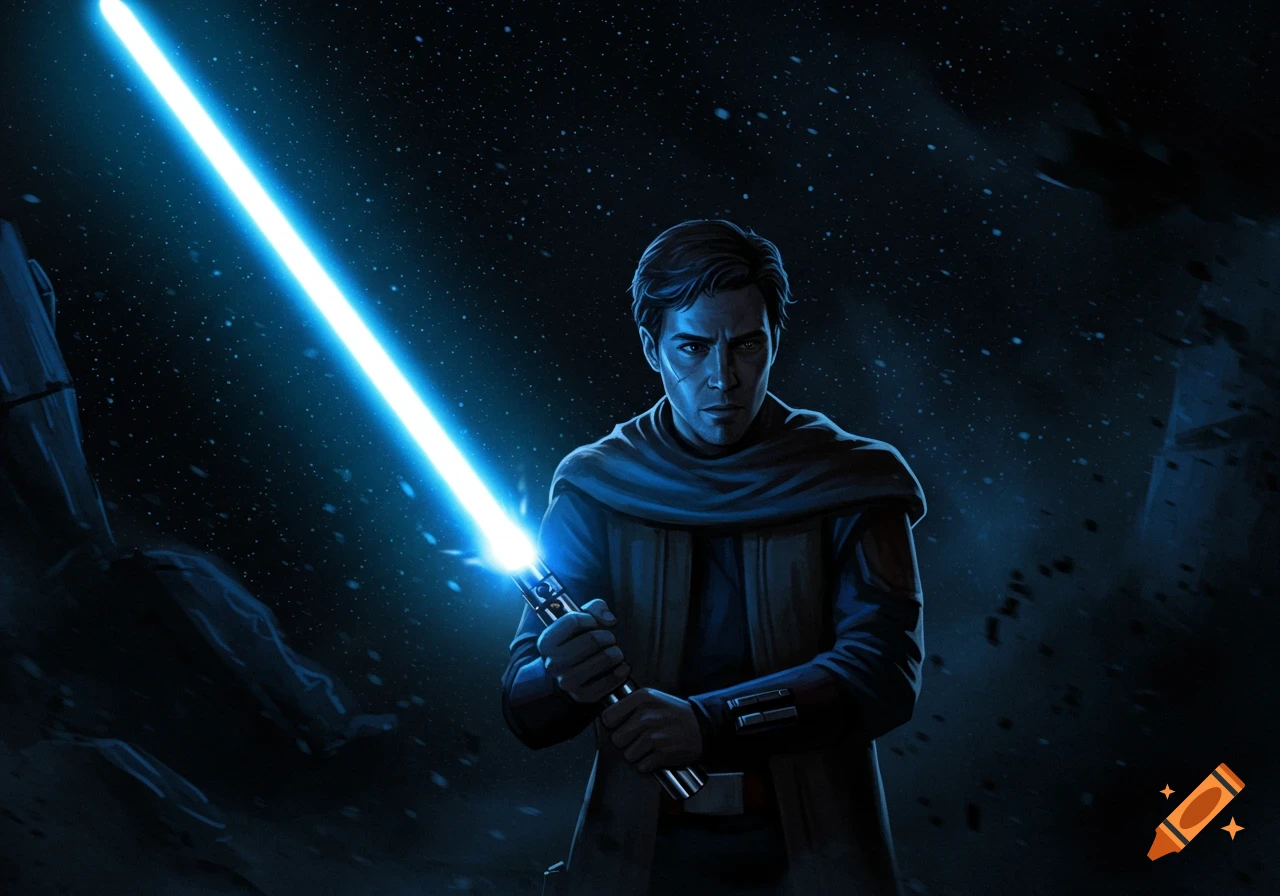 A man in a dark cloak holds a glowing blue lightsaber against a dark, starry background with faint ruins, digital art style.