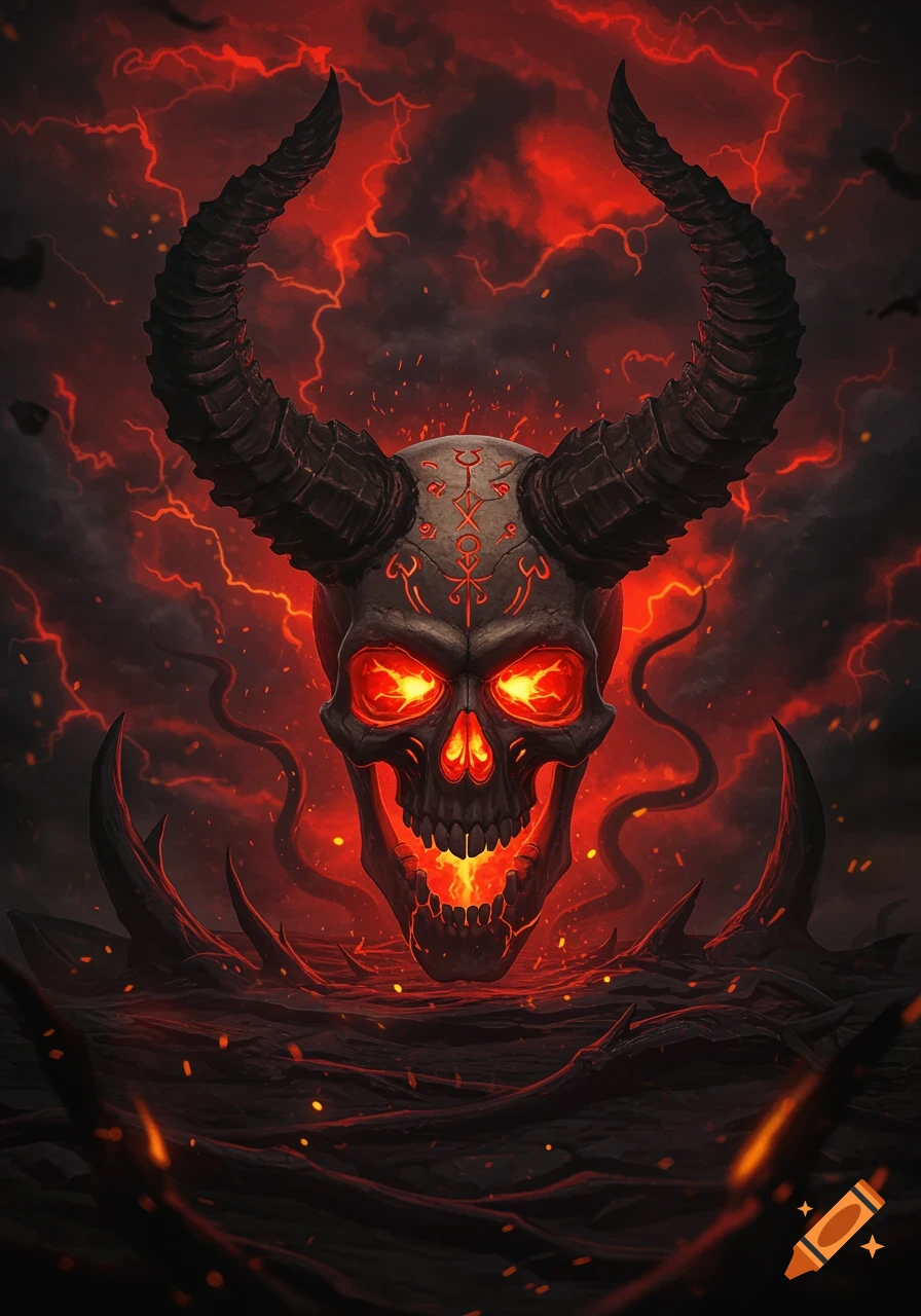 A demonic skull with large horns, glowing red eyes and mouth, set against a fiery red and black background with lightning.