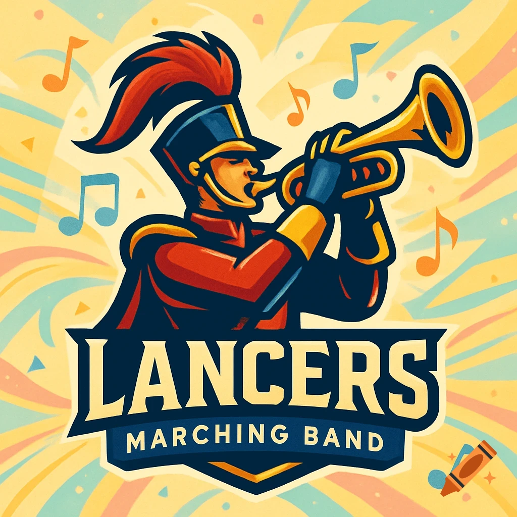 A vibrant logo featuring a marching band member in uniform playing a trumpet, with the text "LANCERS MARCHING BAND" below.
