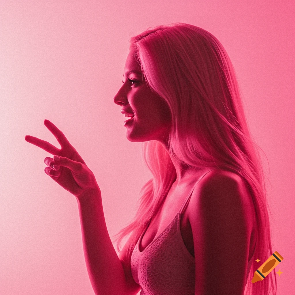 Side profile of a smiling woman with blonde hair making a peace sign, bathed in pink light.