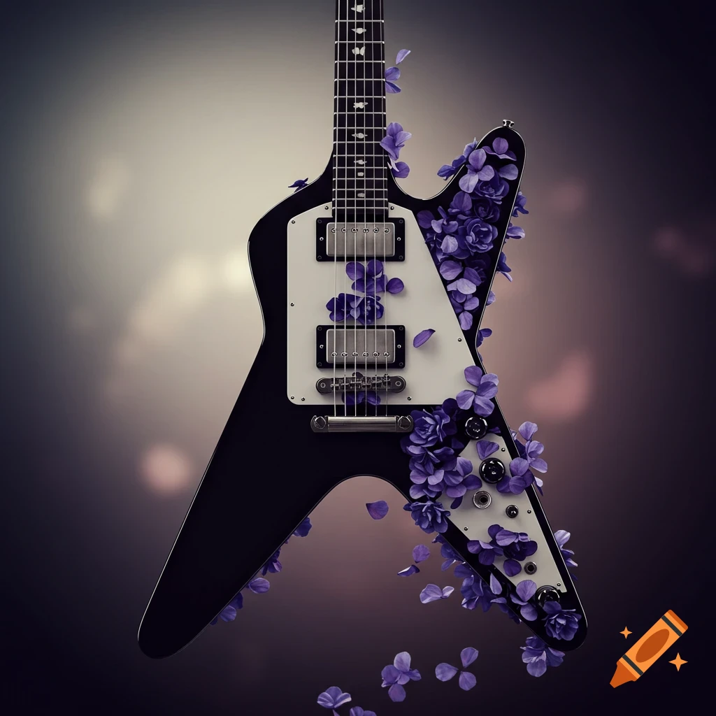A dark V-shaped electric guitar is adorned with purple flowers and petals, set against a blurred light and dark background.