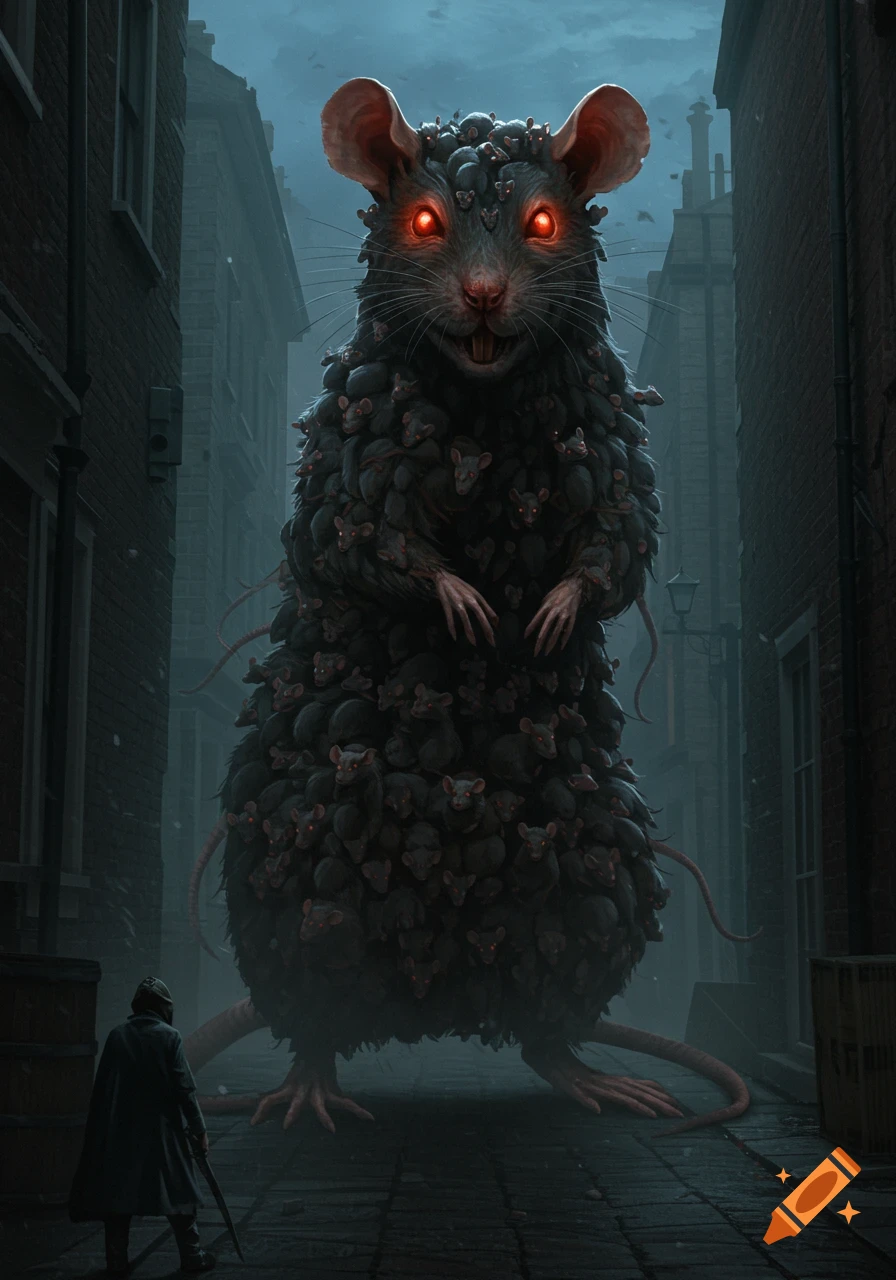 A photorealistic giant rat, composed of numerous smaller rats, with glowing red eyes stands in a dark alleyway, facing a cloaked figure.