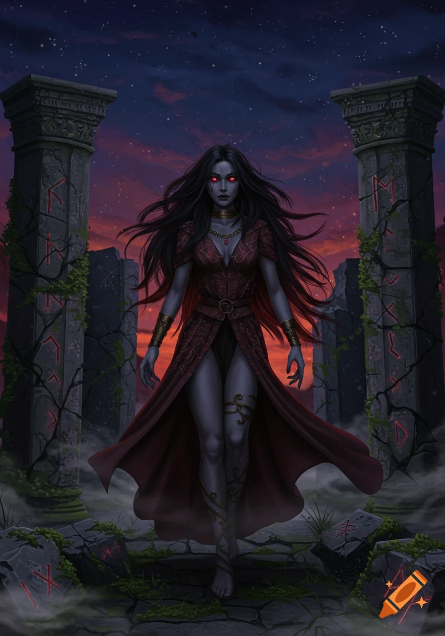 A dark-haired woman with glowing red eyes and a red dress stands among moss-covered stone ruins with runes at twilight.