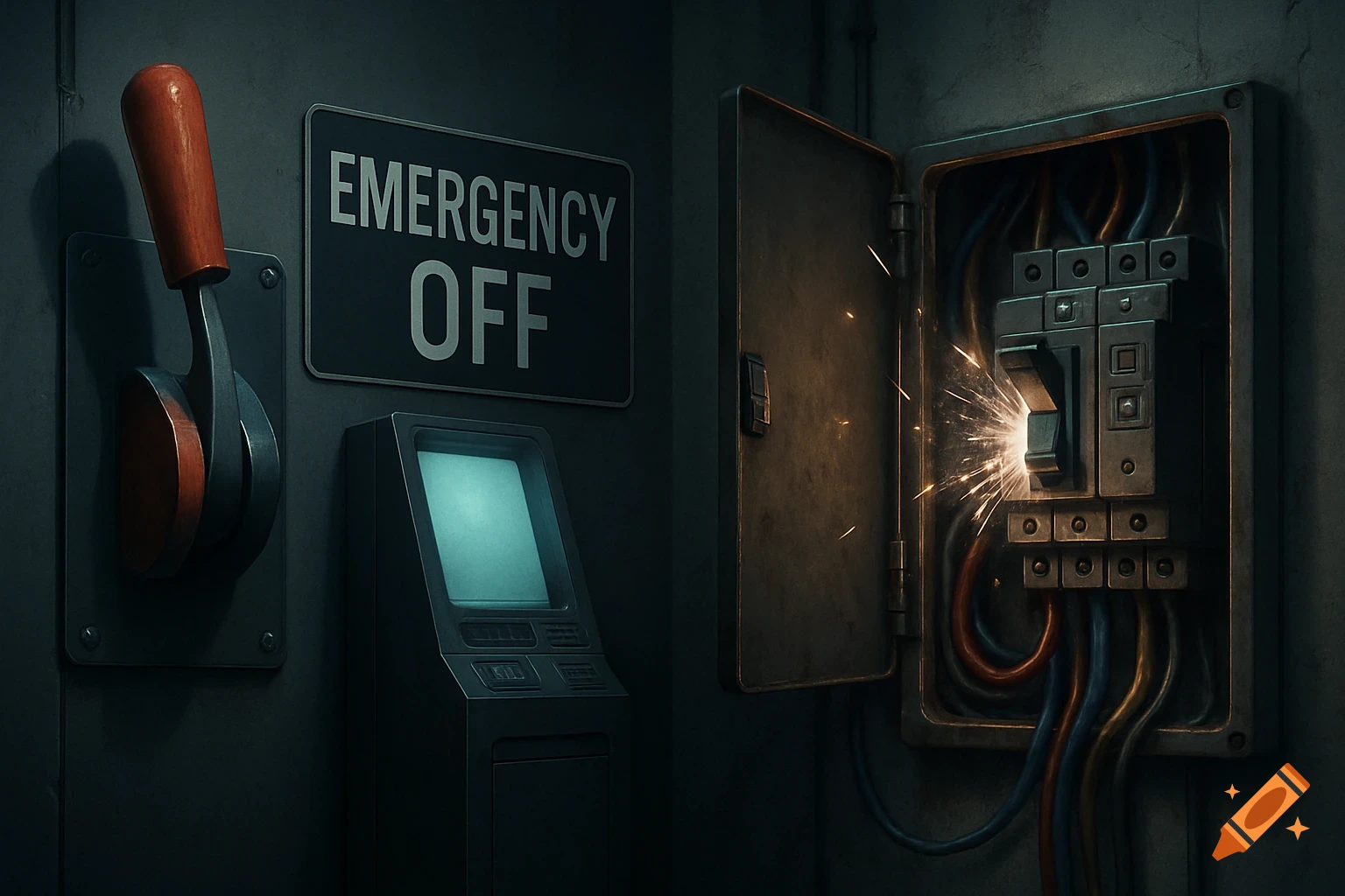 An emergency off lever, a computer terminal, and a sparking circuit breaker in an industrial setting.