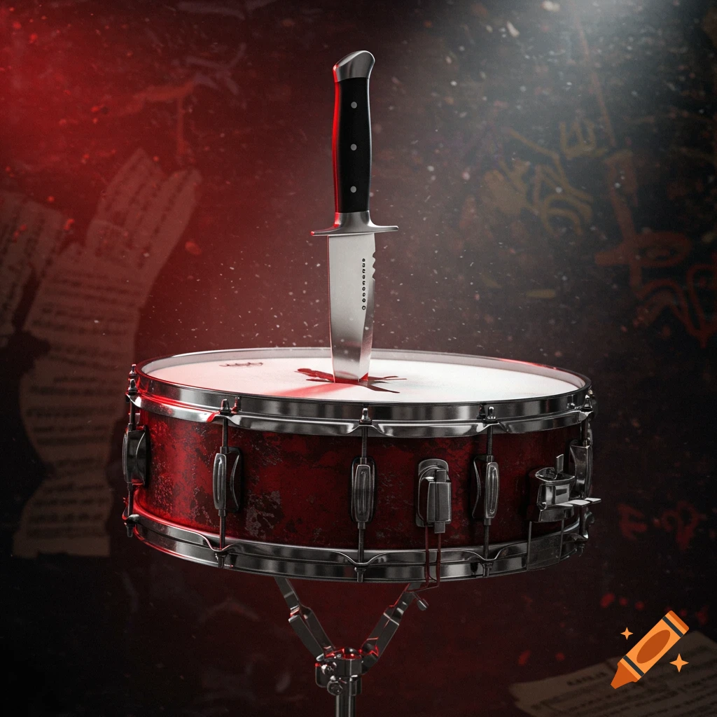 A knife plunged into the white drumhead of a red snare drum, with a dark, moody background.