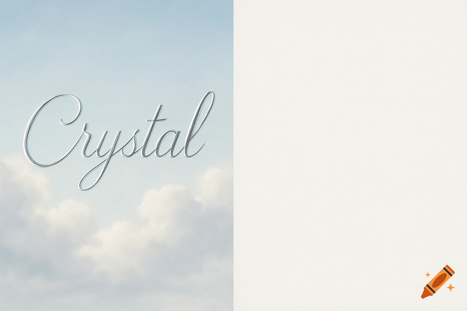 The word Crystal in silver cursive font floats among white clouds in a light blue sky, with the right side of the image left blank.