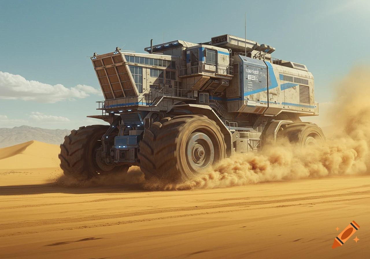 A massive futuristic vehicle with large wheels drives through a sandy desert, kicking up dust.