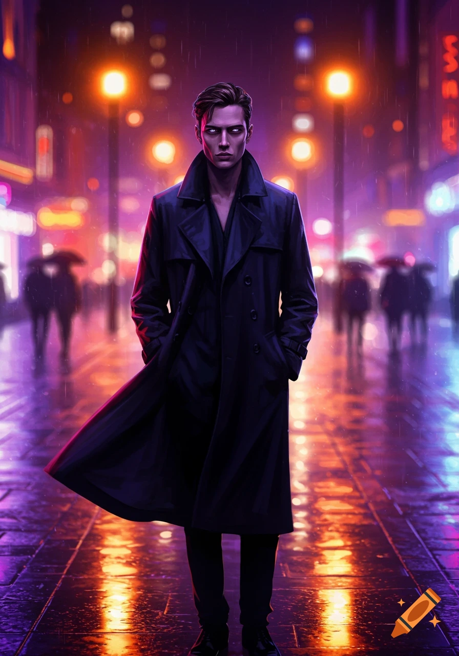 A moody man in a trench coat stands on a rainy, neon-lit city street at night.