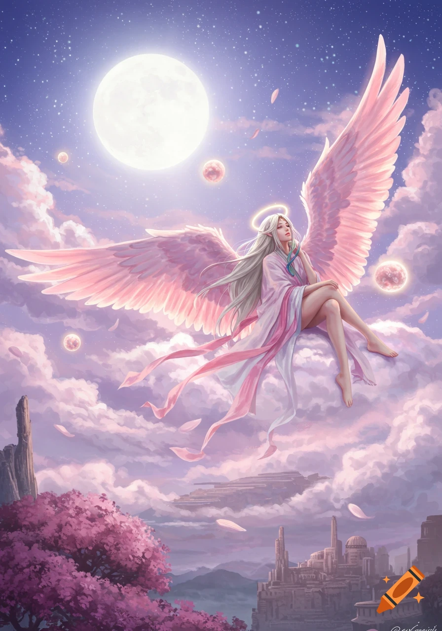 An angelic figure with long white hair and pink wings sits on a cloud in a fantastical night sky with a large moon and distant city.