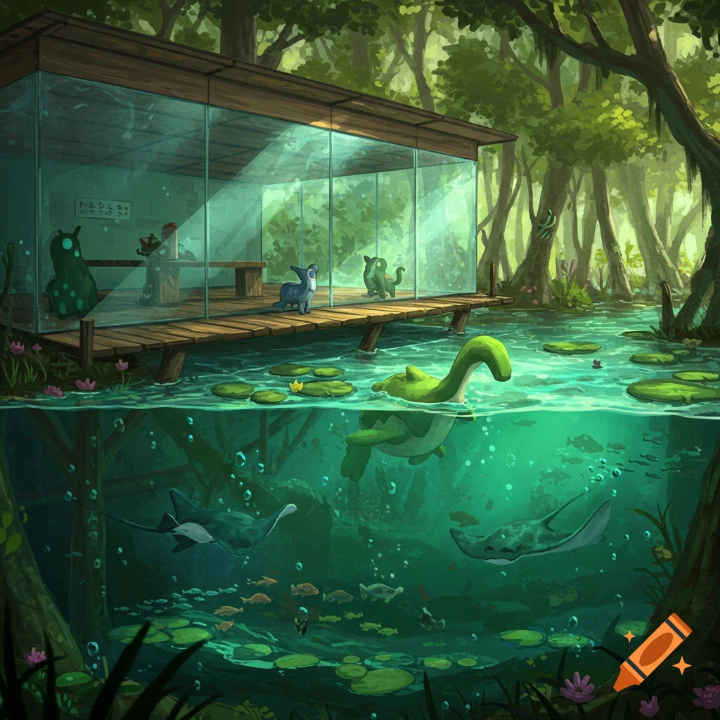 A whimsical illustration of a glass building on a wooden pier in a biodiverse swamp, with fantasy creatures and fish visible above and below the water.