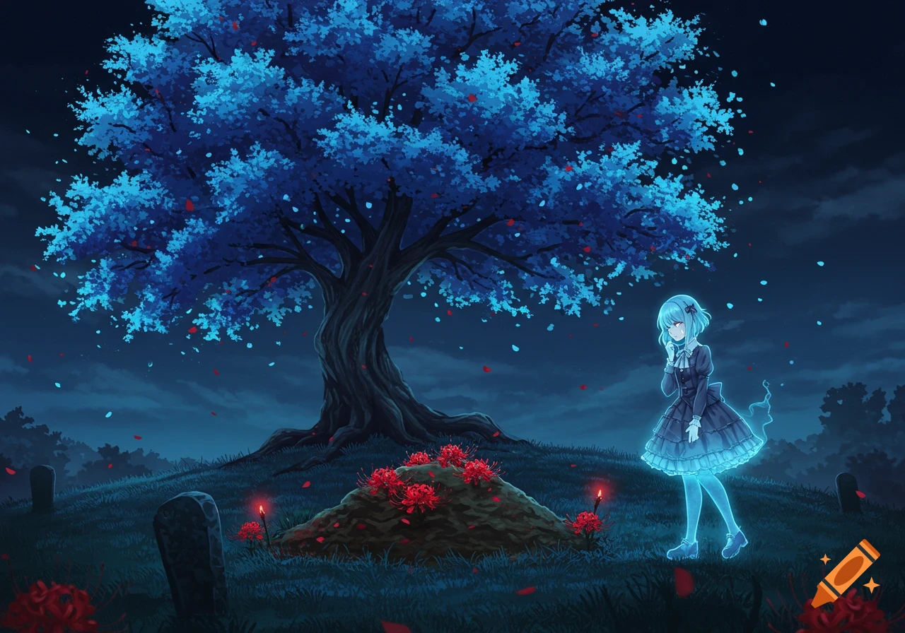 An anime spirit girl with blue hair stands beside a fresh grave with red spider lilies under a glowing blue tree in a dark graveyard at night.