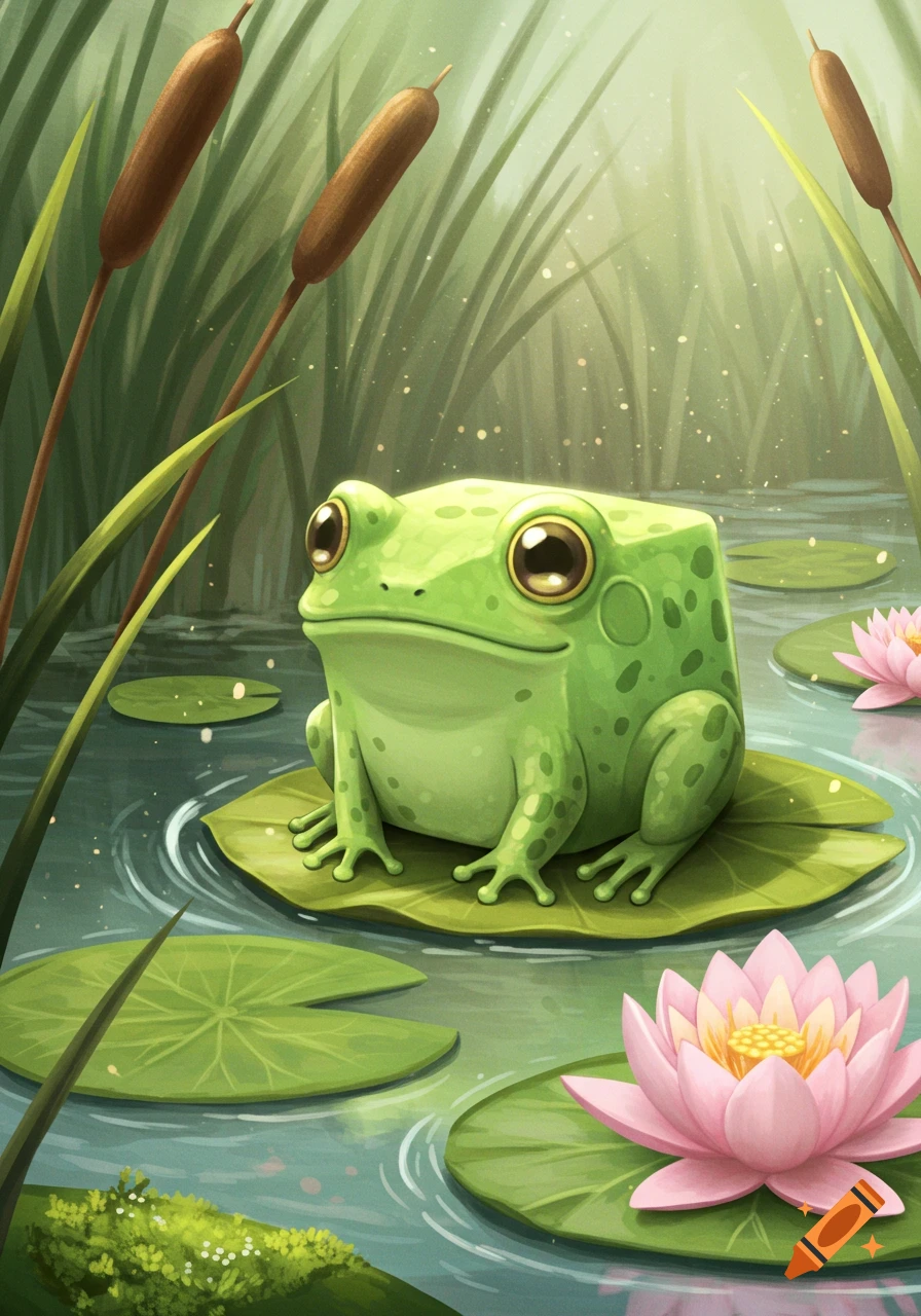 A cute, blocky green frog sits on a lily pad in a pond with pink water lilies and tall cattails in a cartoon illustration style.