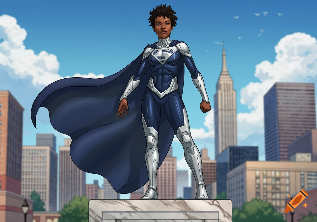 A Black woman superhero with a pixie cut, wearing a blue and silver suit with an S-like emblem and a flowing cape, stands on a pedestal overlooking a city skyline.