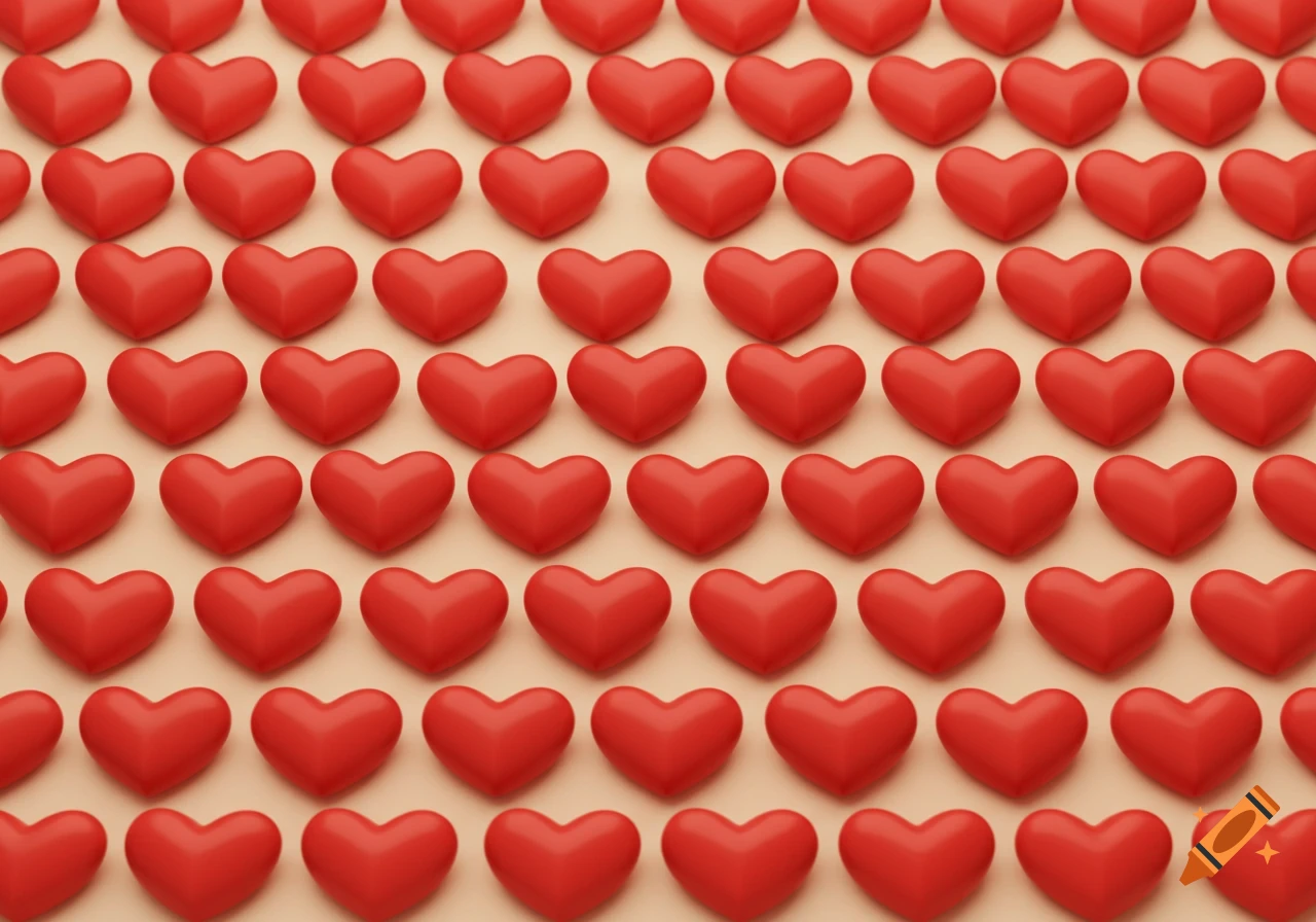 A seamless pattern of rows of small, shiny red hearts with a bubbly 3D appearance.