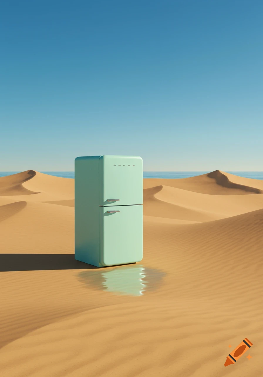 A mint green retro refrigerator stands in the middle of a vast desert with sand dunes and the ocean in the distance, a small puddle of water at its base.