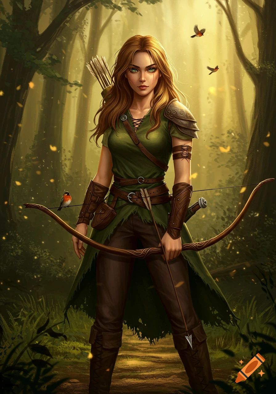 A brown-haired archer with green eyes and a facial scar stands in a sunlit forest, holding a bow with a bird on it.