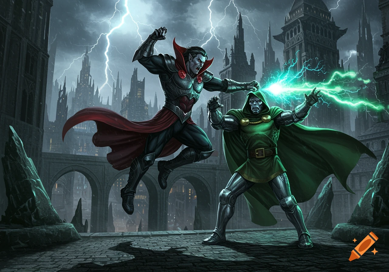 Morbius in black and red leaps towards Doctor Doom in green armor, who blasts green energy, amidst a stormy gothic city under lightning.