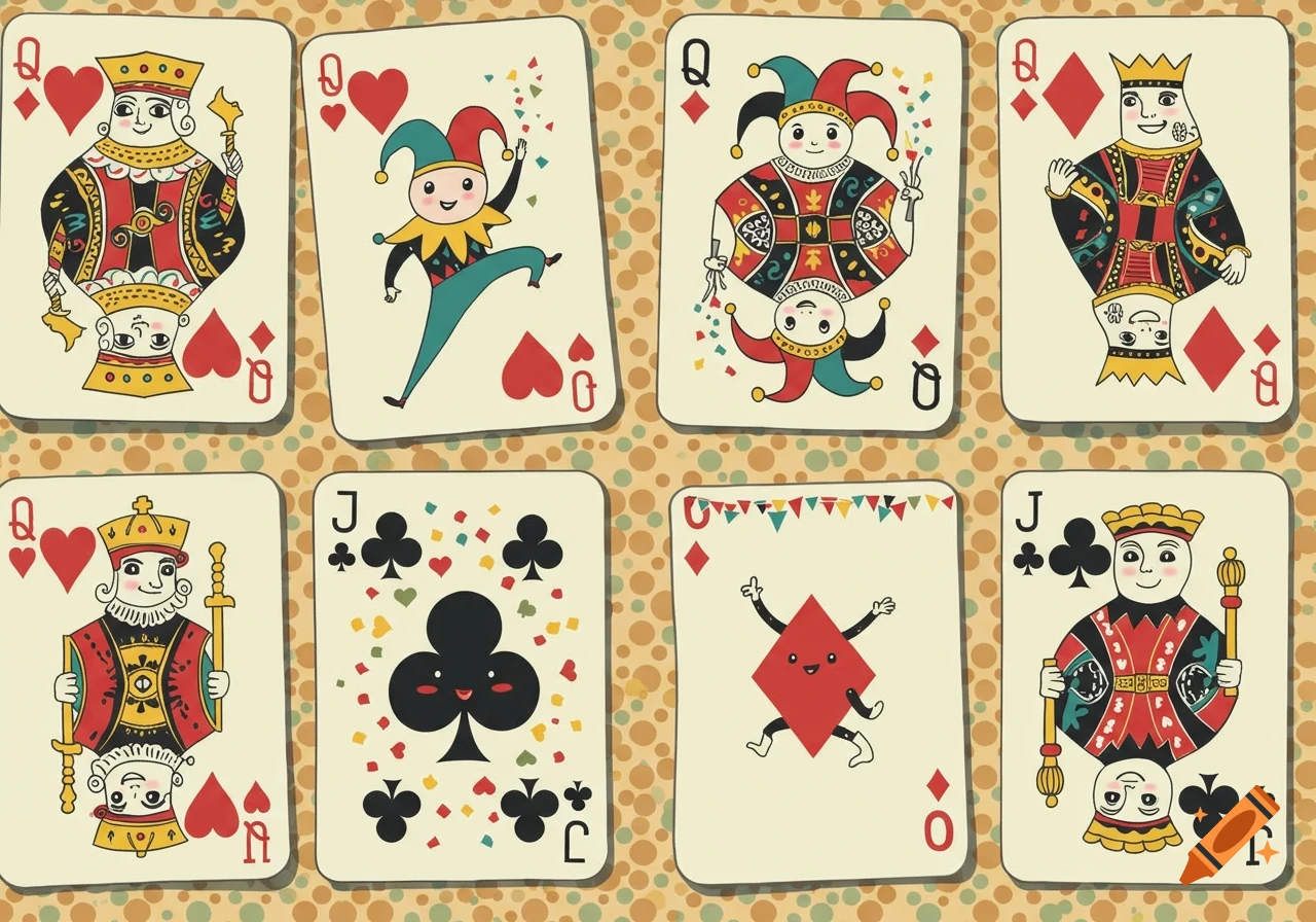 A collection of colorful, cartoon-style playing cards featuring kings, queens, jacks, jokers, and suits against a polka dot background.