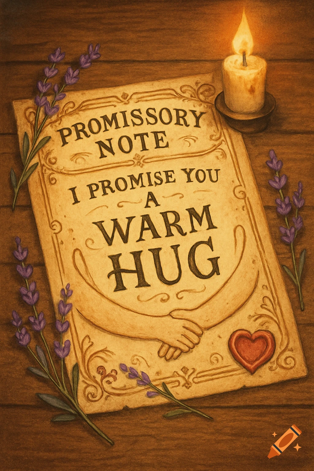 Vintage promissory note for a warm hug with a lit candle and lavender sprigs on a wooden table, in an illustrative style.