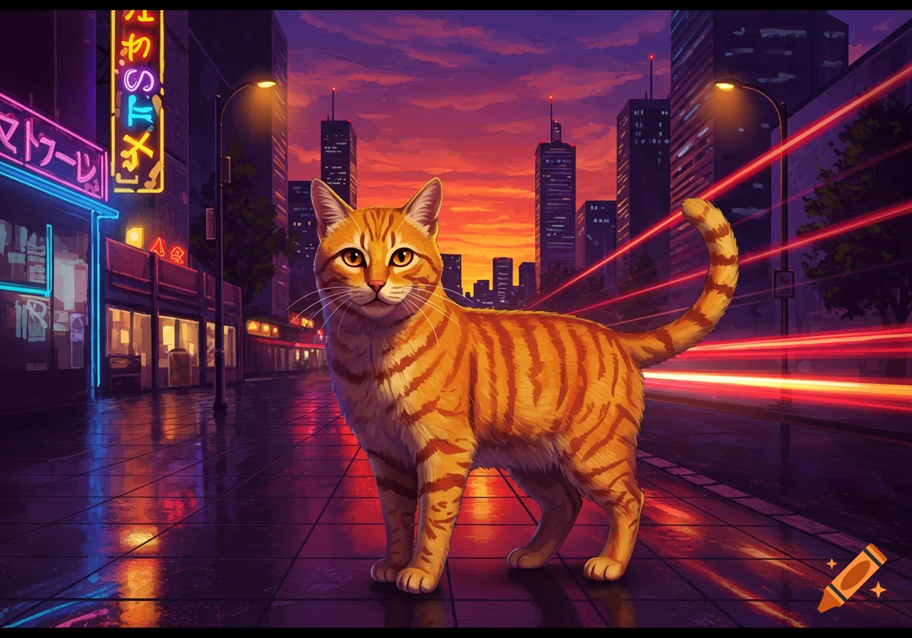 An orange tabby cat stands on a wet street at sunset in a vibrant city with neon signs and skyscrapers, in a synthwave style.