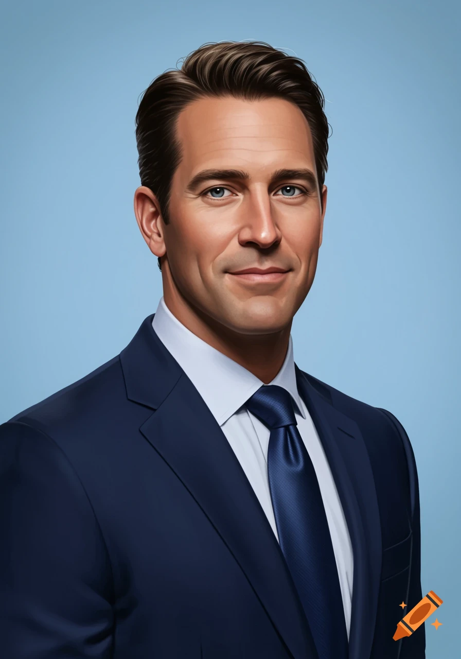 A handsome man in a dark blue suit and tie smiles slightly, looking directly at the camera against a light blue background.