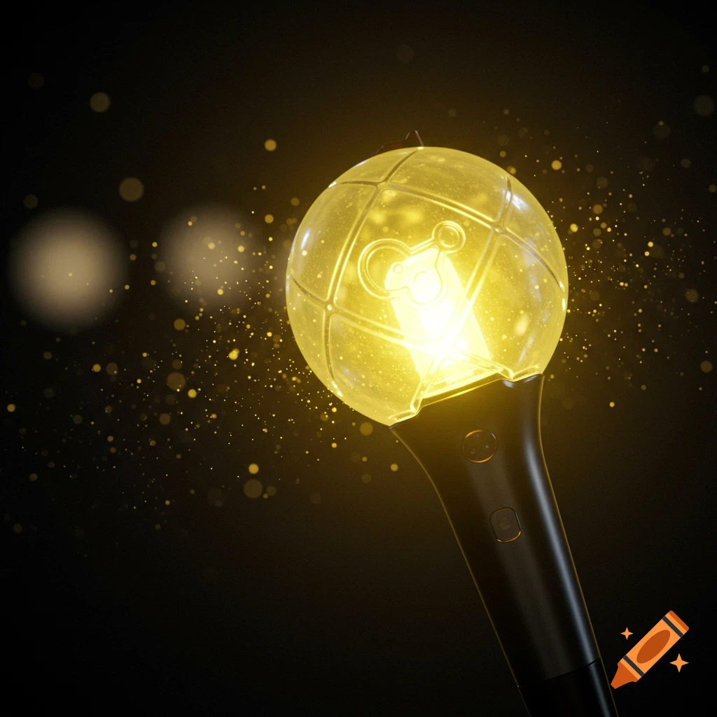 A close-up of a glowing yellow Kpop idol lightstick with a spherical head and sparkling light particles against a dark background.