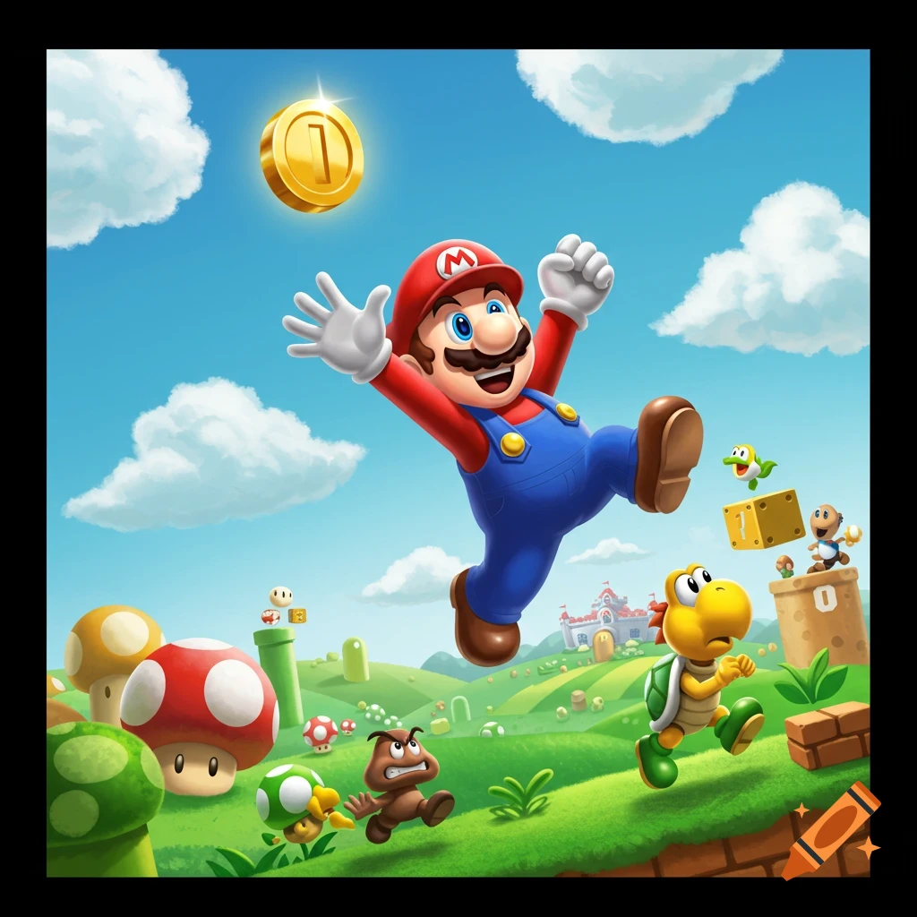Mario jumps toward a gold coin in a vibrant, cartoon Super Mario landscape with mushrooms, pipes, and other characters.