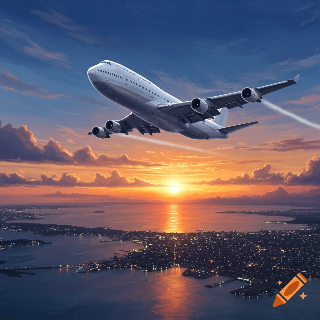 A large passenger airplane flies low over a city and bay at sunset, with the sun reflecting on the water.