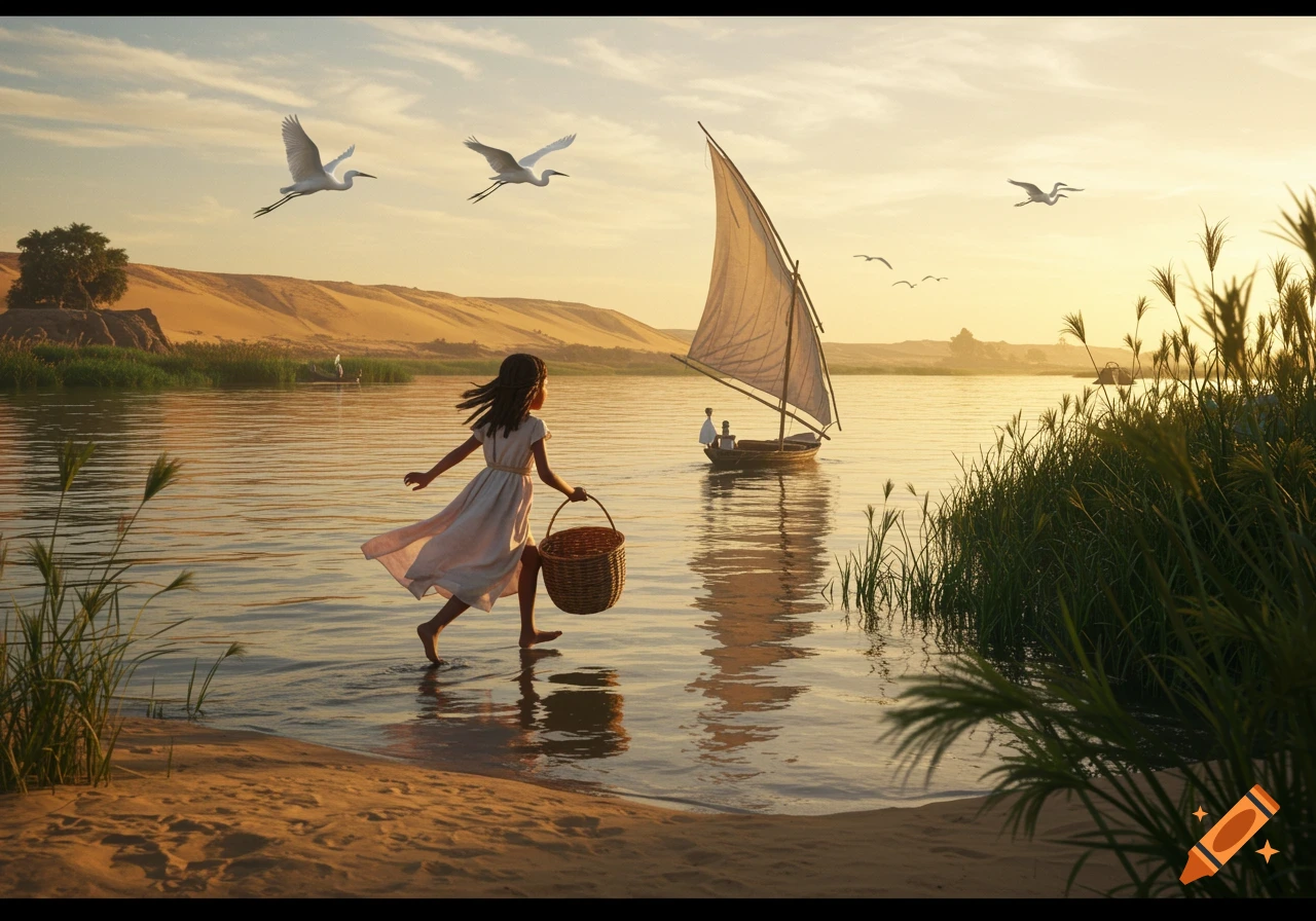 A girl in a white dress runs through a river at sunset, holding a basket, with a boat and birds in the background.