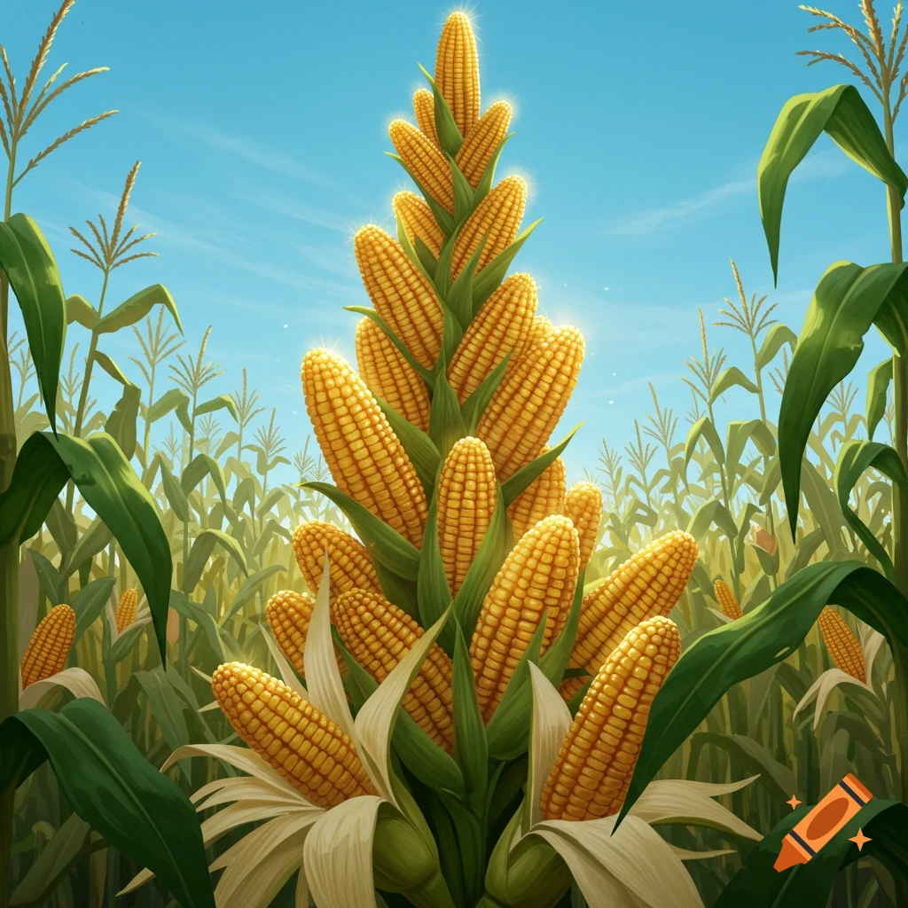A towering, glowing structure made entirely of corn cobs stands majestically in a sunny cornfield.