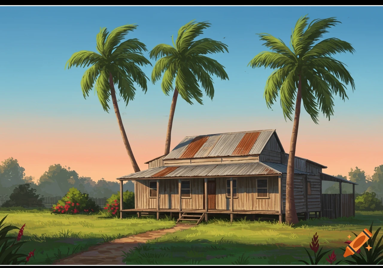 A rustic wooden house with a corrugated iron roof, surrounded by green grass and three palm trees under a clear sky.