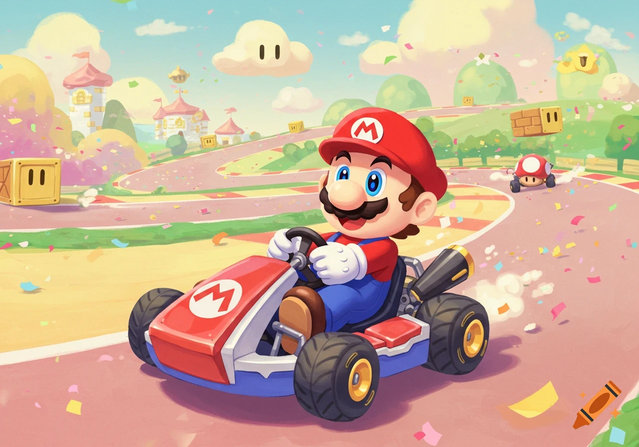 Cute cartoon of Mario in a red and blue go-kart, racing on a track covered in confetti, with castles and blocks in the background under a blue sky.
