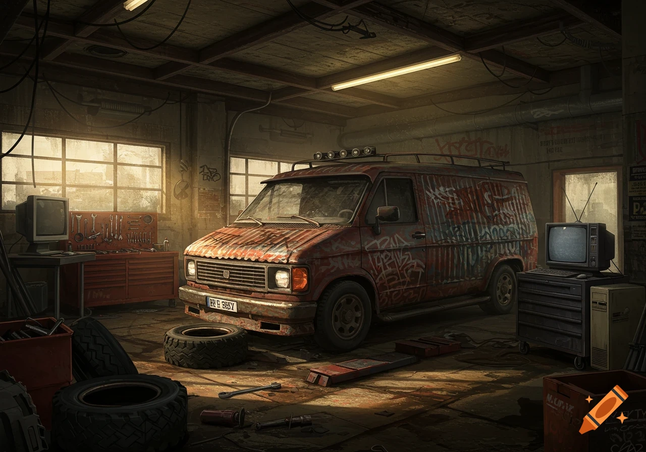 A rustic, cluttered garage interior features an old, rusty red van covered in graffiti, tools, spare tires, a workbench, and vintage electronics like a TV and computer.