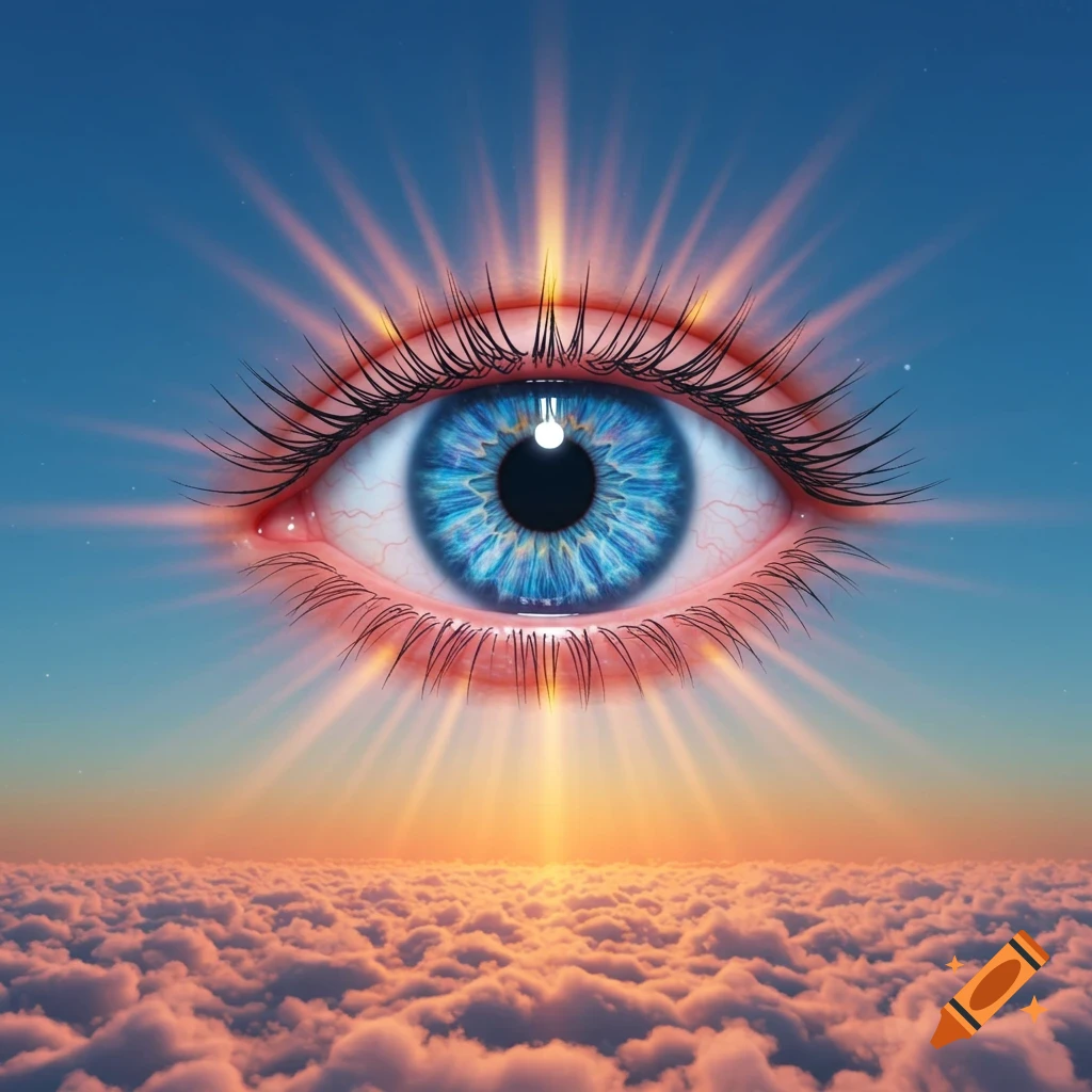 A photorealistic depiction of a mystical blue eye, the 'third eye', with bright sun rays emanating from it, floating above a sea of clouds under a clear sky.