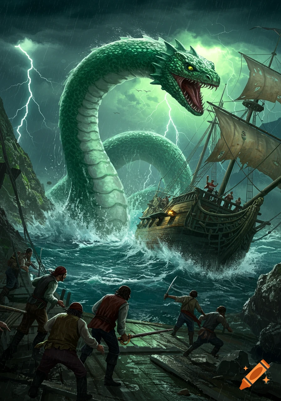 A giant green sea serpent with glowing yellow eyes attacks a pirate ship in a stormy, lightning-filled sea, as buccaneers fight back.