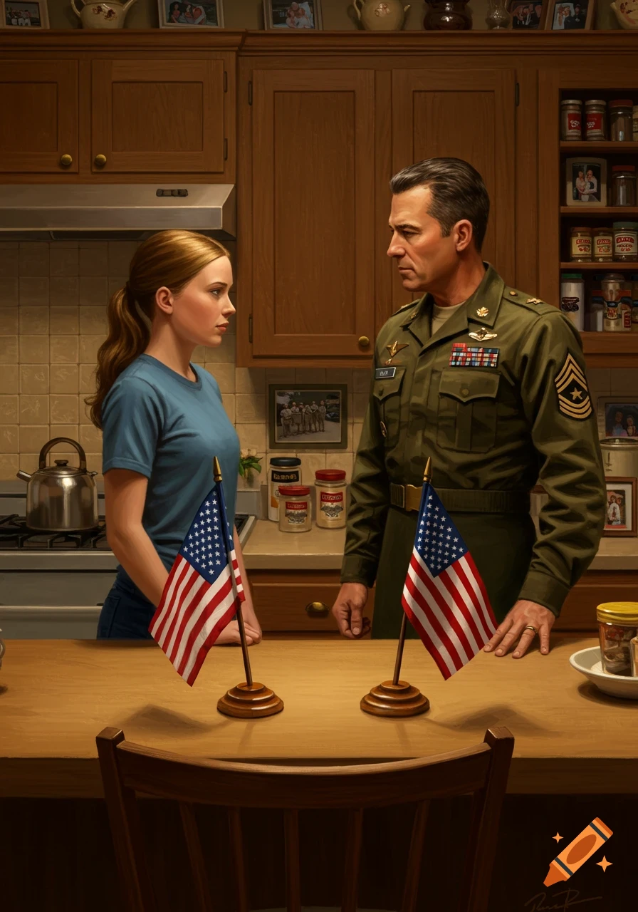 A man in a military uniform and a woman in a blue t-shirt stand in a kitchen, facing each other across a table with two small American flags. The atmosphere is tense.