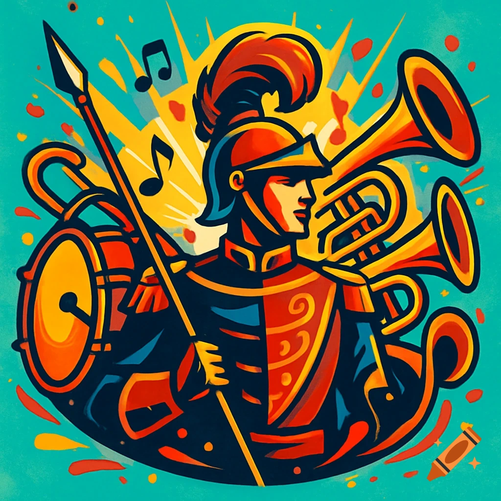 Stylized, colorful illustration of a marching band member with a drum, trumpets, and music notes.