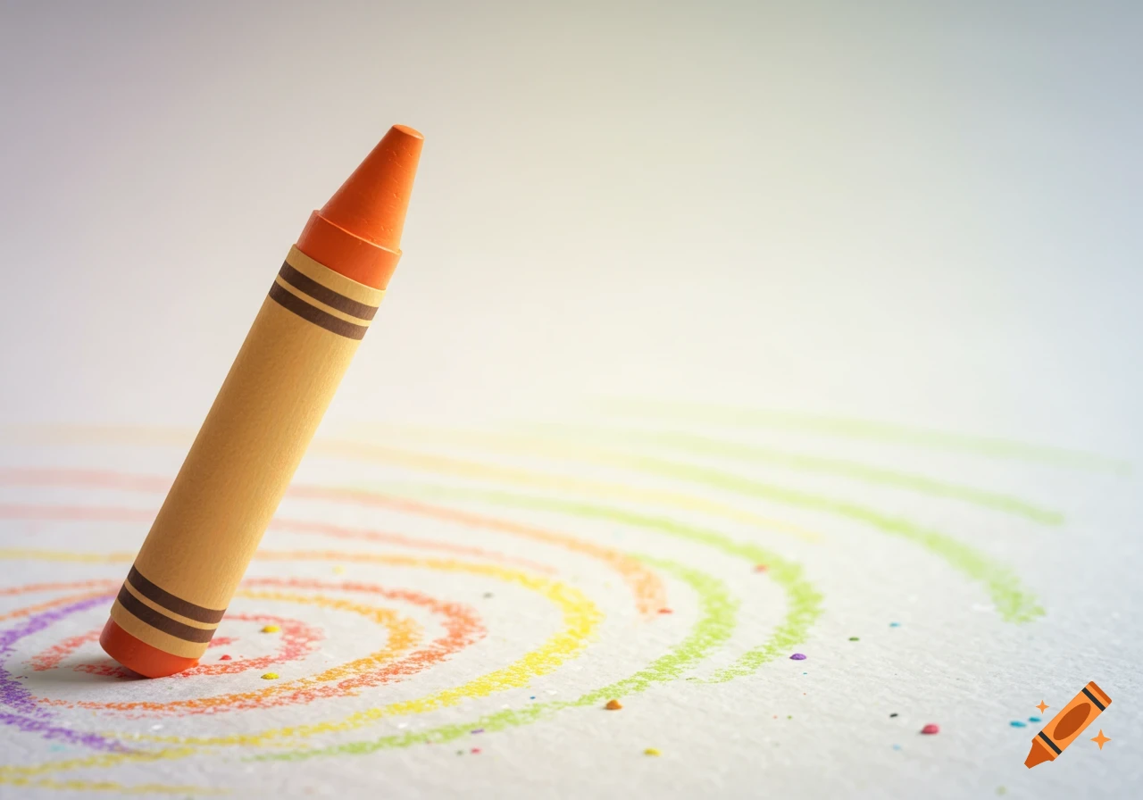 An orange crayon stands on white paper, surrounded by colorful crayon scribbles forming a spiral pattern.