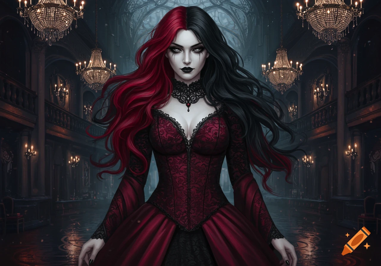 A gothic woman with half red, half black hair in a red and black dress stands in an ornate, dark hall with chandeliers.