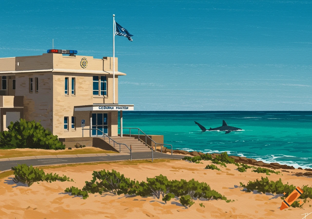 Illustrated police station on a sandy beach with a shark in the turquoise ocean.