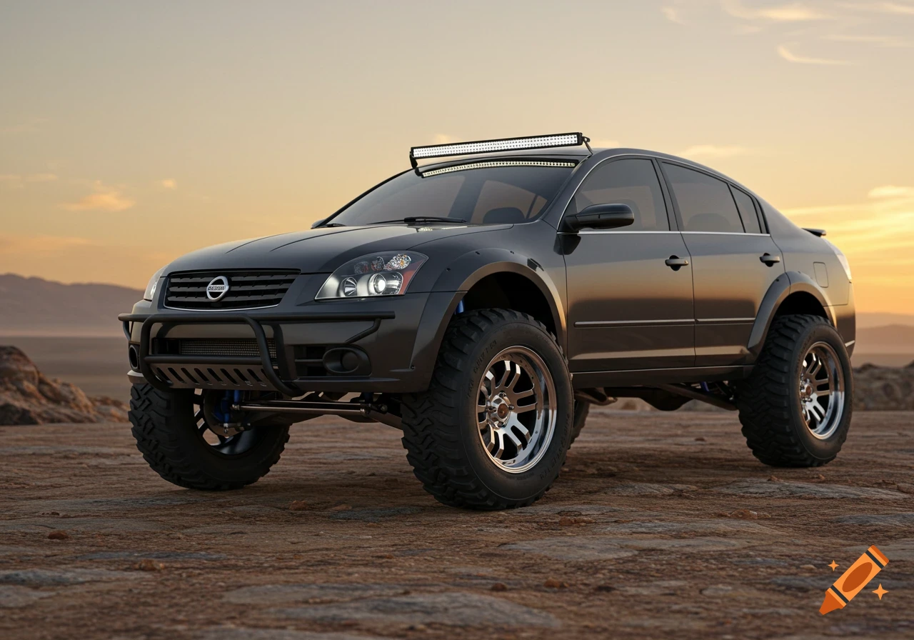 A dark grey Nissan Altima sedan modified with a lift kit, large mudding tires, a bull bar, and a roof-mounted light bar, parked on a dirt road at sunset.