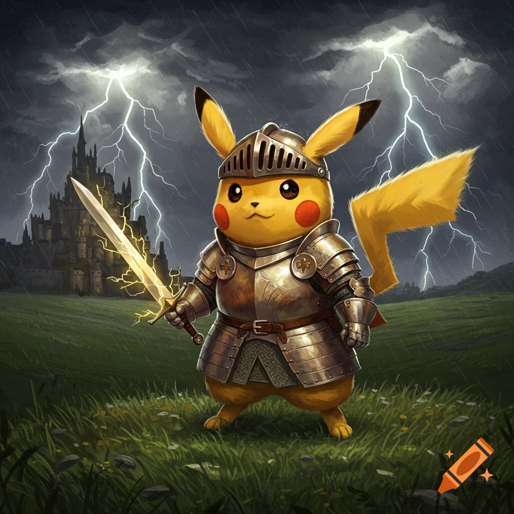 Pikachu as a medieval knight in shining armor, holding an electric sword in a stormy field with a castle and lightning.