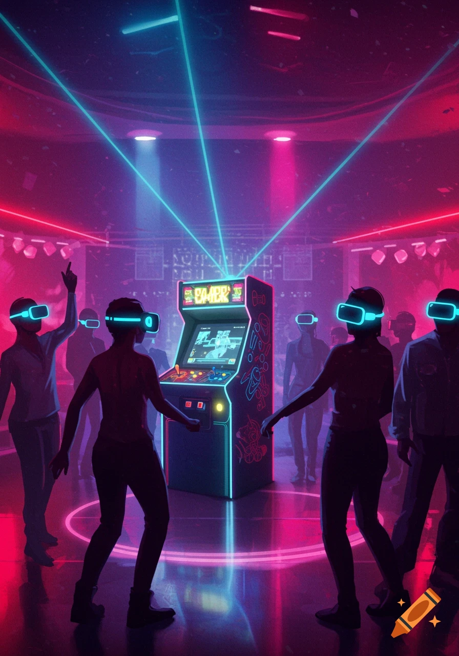 People wearing VR headsets dancing around an arcade machine in a neon-lit nightclub.
