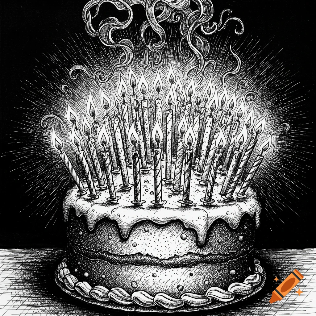 A black and white crosshatching ink drawing of a birthday cake with many lit candles.