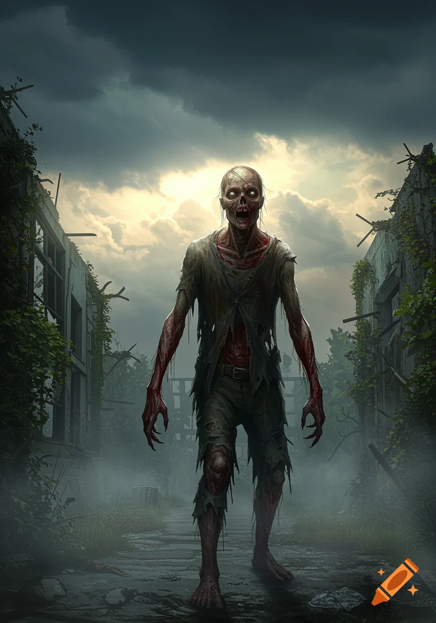 A decaying zombie with glowing eyes and tattered clothes walks through a misty, ruined city street under a stormy sky.