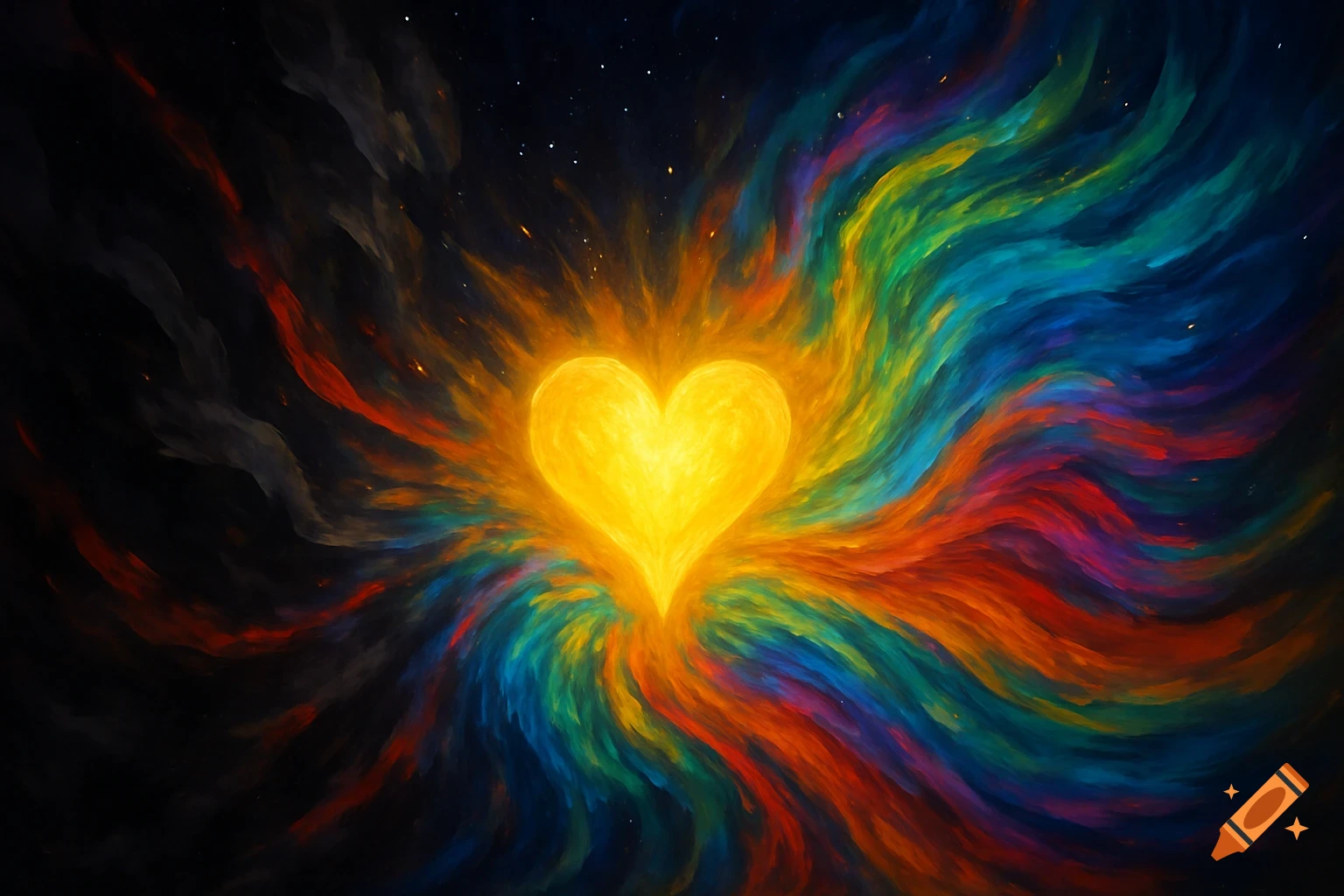 Vibrant glowing heart at the center of swirling multicolored energy against a dark, starry background, in a painterly style.