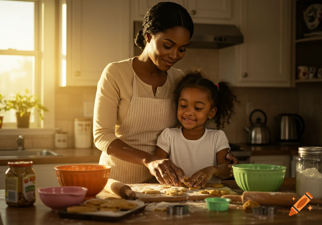 A mother and her young daughter happily making cookies together in a sunlit kitchen, a photorealistic image.