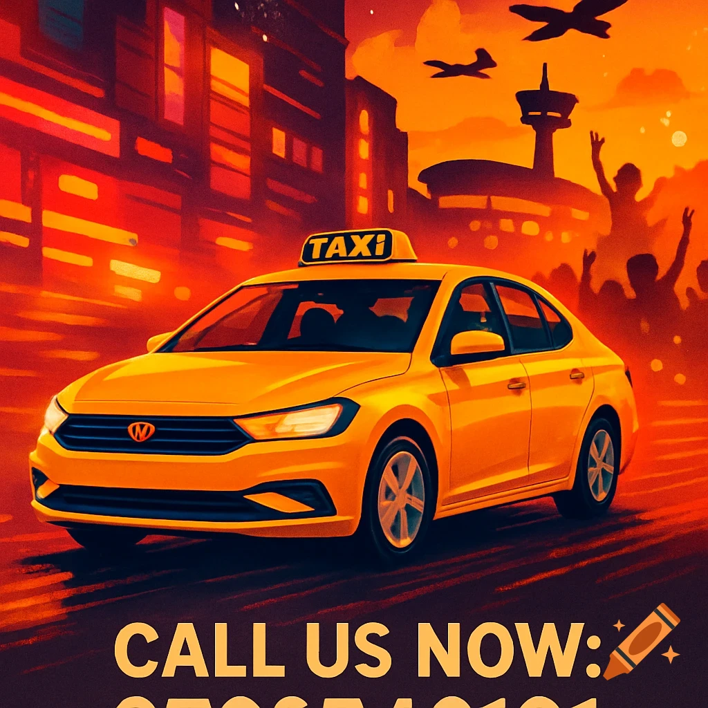 A vibrant illustration of a yellow taxi driving through a city street at sunset. The car has 'TAXI' on its roof sign. Text at the bottom reads 'CALL US NOW: 0792349191'.