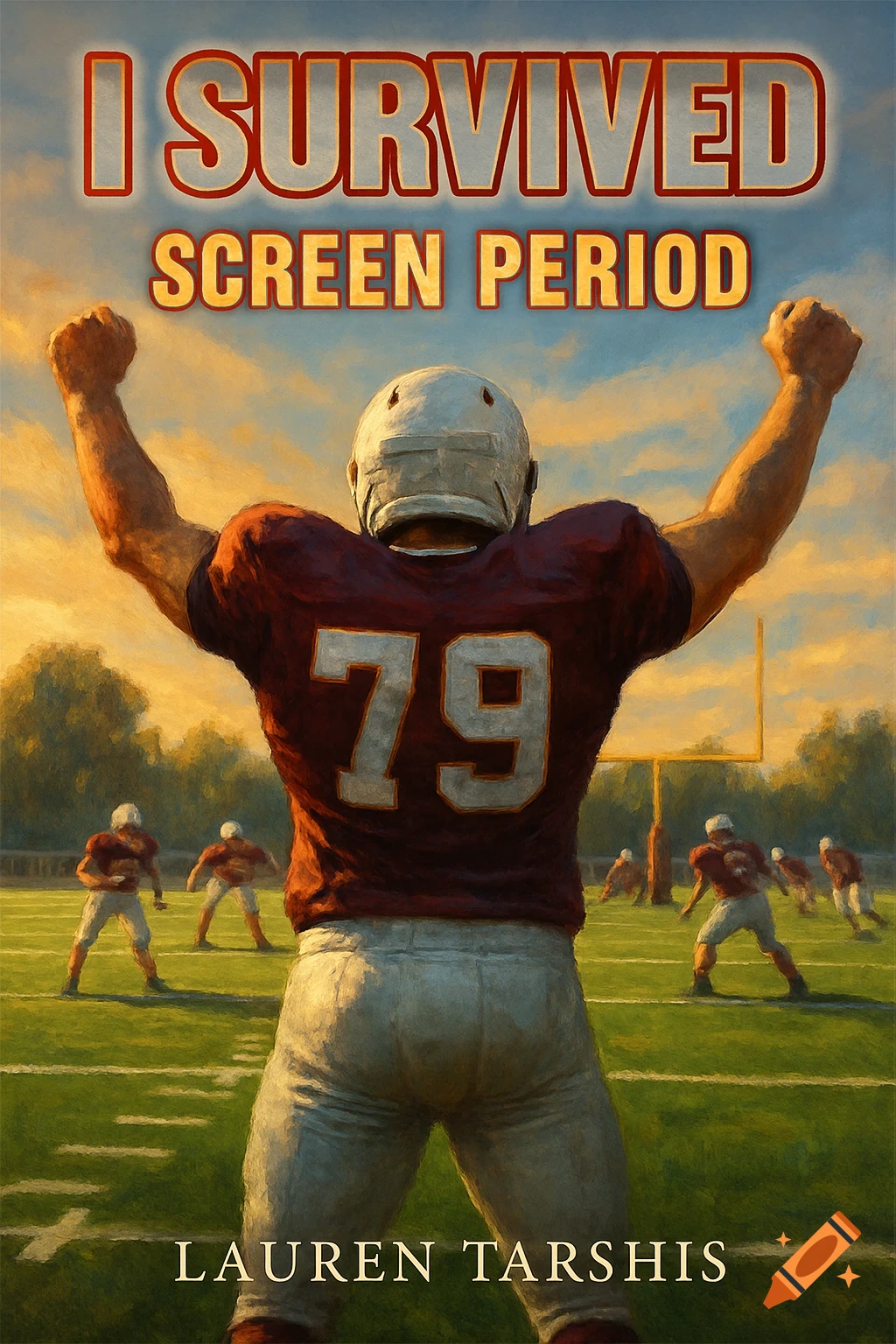 A football player with arms raised in victory, back to viewer, on a field. Text reads 'I SURVIVED SCREEN PERIOD' by LAUREN TARSHIS. Painterly style.